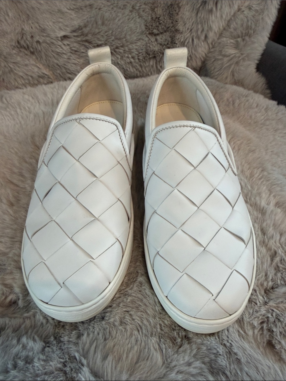 Bottega Veneta White Woven Leather Slip-On Loafers